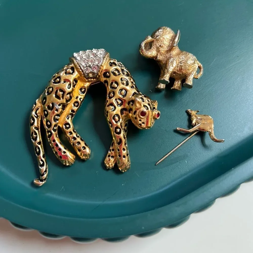 Quirky Vintage 3 Piece Gold Toned Jungle Safari Animal Brooch Pin Lot